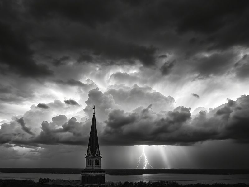 A panoramic view of Evansville during a summer thunderstorm, with dark storm clouds looming over the Ohio River and city skyl