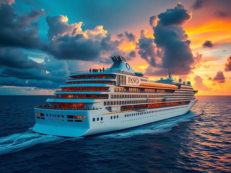 A vibrant photograph of a P&O Cruises ship sailing in clear blue waters, with passengers enjoying deck activities and the shi