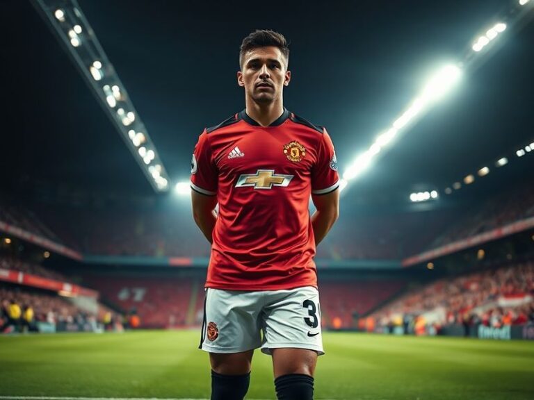 A dynamic photo of a Manchester United player in the 2023-24 home kit, standing on the pitch at Old Trafford with a crowd in