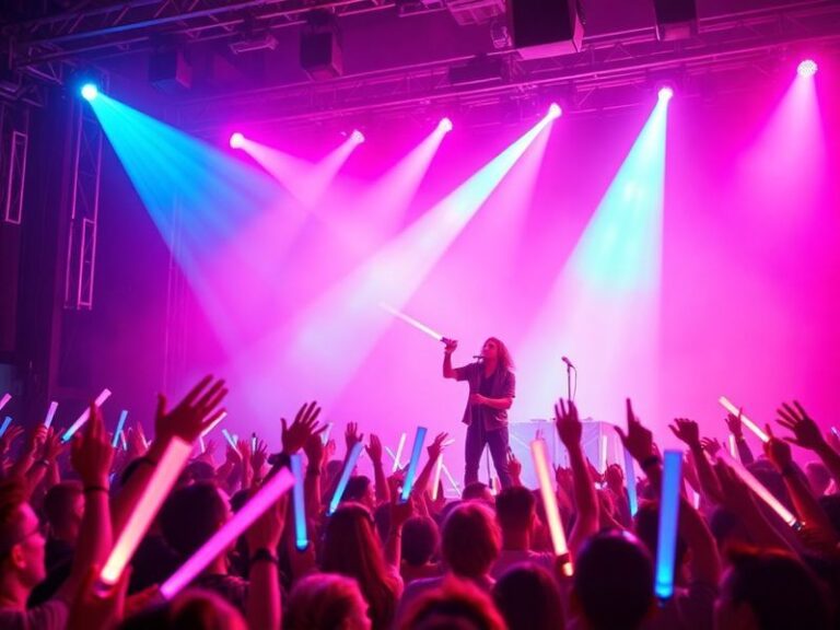 A vibrant concert scene featuring LE SSERAFIM performing on a futuristic stage with LED screens, dynamic lighting, and a chee