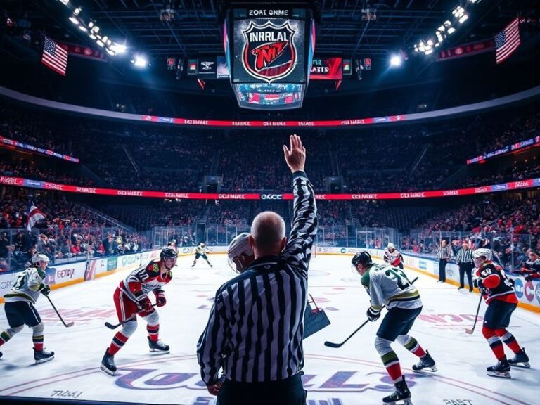 An intense NHL overtime scene at Madison Square Garden: players in motion on a dimly lit rink, fans on their feet, and the sc