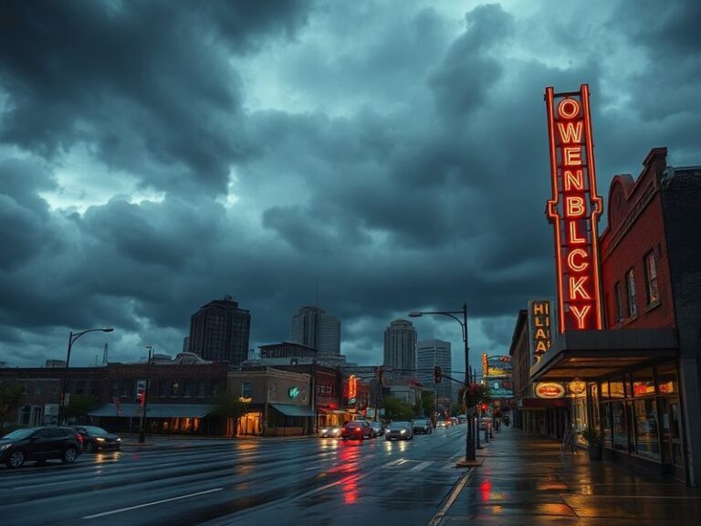 A split-image showing Owensboro's skyline during a summer storm on one side and a snowy downtown scene on the other, with the