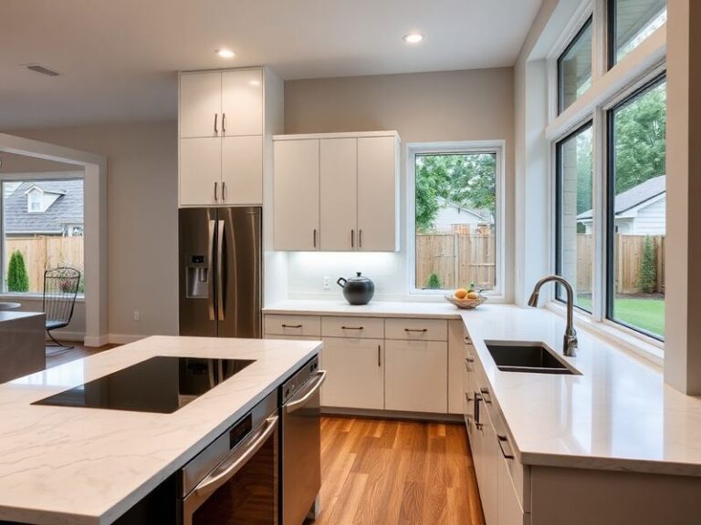 A bright, modern Wren Kitchens showroom with sleek displays, white cabinetry, and a customer interacting with a digital kitch