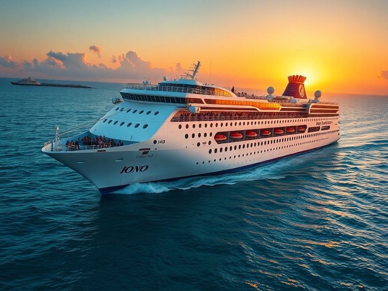 A panoramic view of a P&O cruise ship docked at a Mediterranean port, with passengers enjoying the sunny deck and historic ar