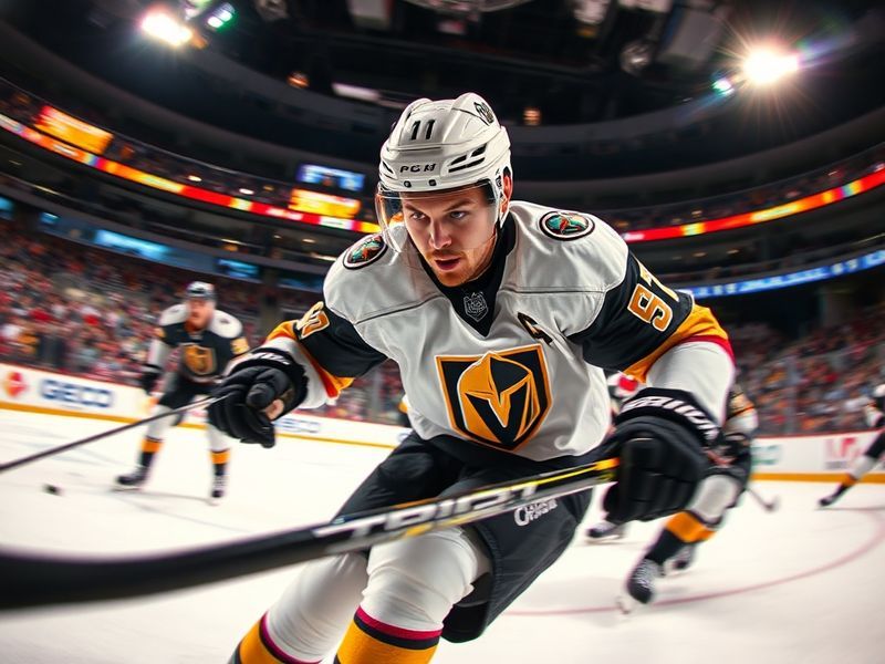 A dynamic action shot of Shea Theodore in a Vegas Golden Knights jersey, skating with the puck during a game, showcasing his
