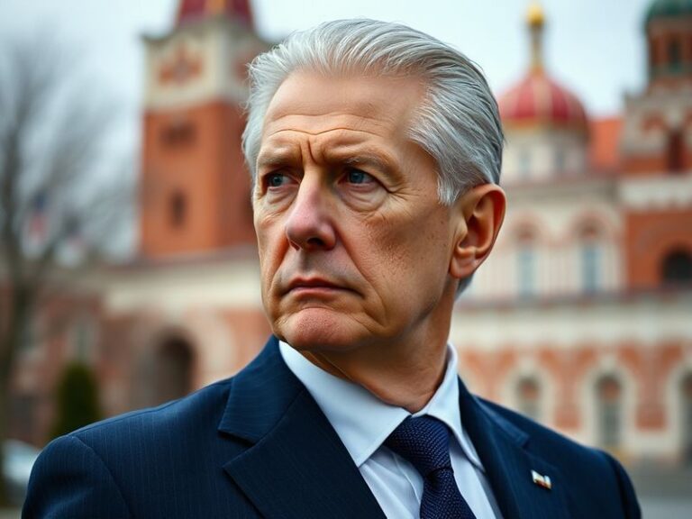 A portrait of Alexey Mordashov in a tailored suit standing in front of a steel plant, with a subtle backdrop of Moscow’s skyl