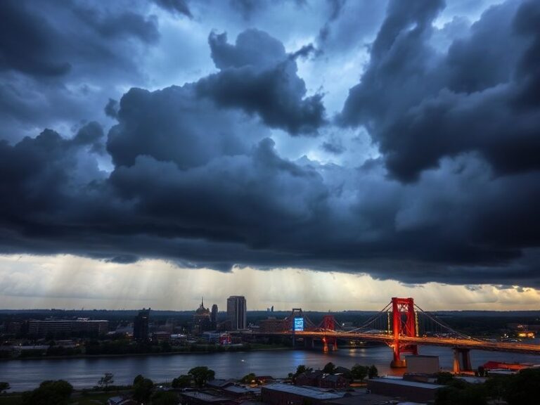 A panoramic view of Owensboro’s riverfront during a late afternoon thunderstorm, with dark clouds looming over historic build