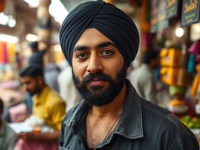A vibrant, high-energy photo of Diljit Dosanjh performing on stage at Coachella, wearing a colorful turban and traditional at