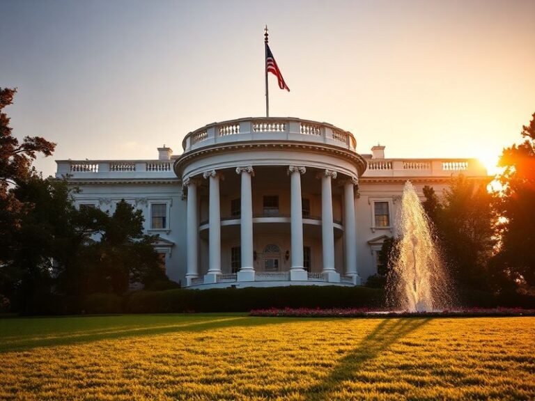A daytime exterior view of the White House with clear skies, the iconic North Portico, and the American flag flying atop. The