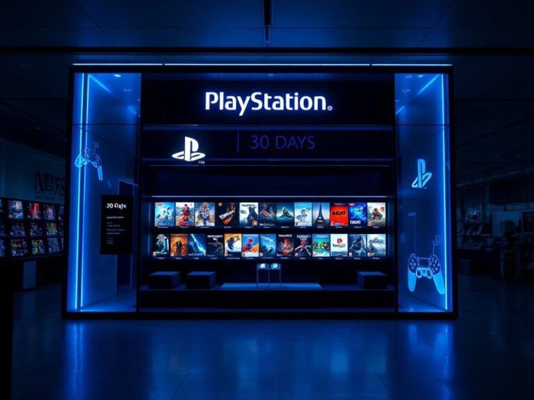 A well-organized PlayStation 5 setup with a TV screen displaying the PlayStation Store sales page. The scene includes a DualS