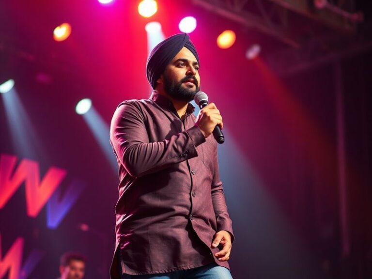 A vibrant concert stage featuring Diljit Dosanjh performing with colorful lights, a large crowd in the background, and tradit