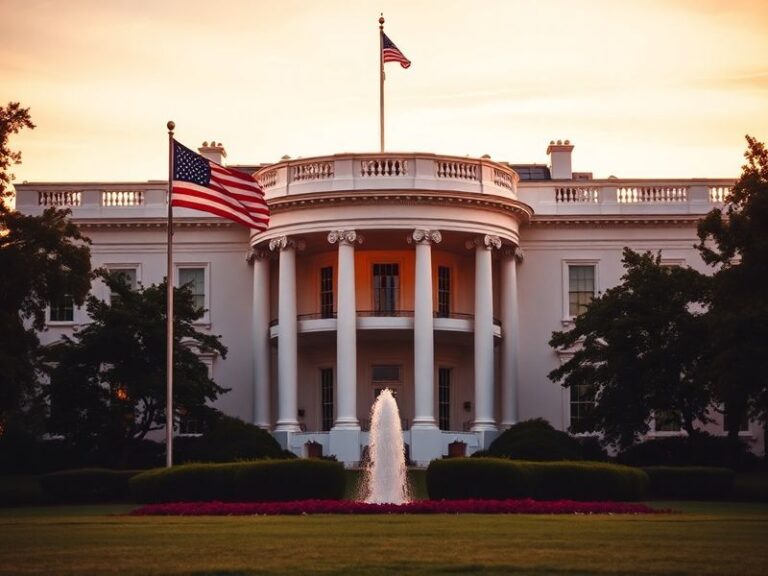 A daytime exterior view of the White House, showcasing its iconic white facade, neoclassical columns, and manicured South Law