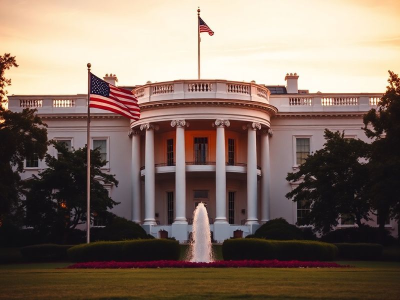 A daytime exterior view of the White House, showcasing its iconic white facade, neoclassical columns, and manicured South Law
