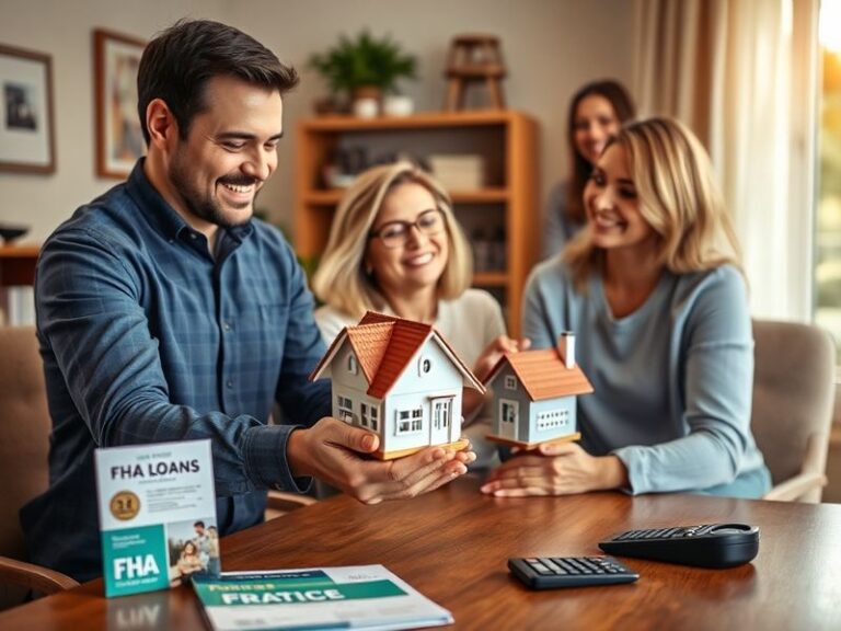 A diverse couple reviewing mortgage documents at a kitchen table, surrounded by a calculator, house keys, and a laptop displa