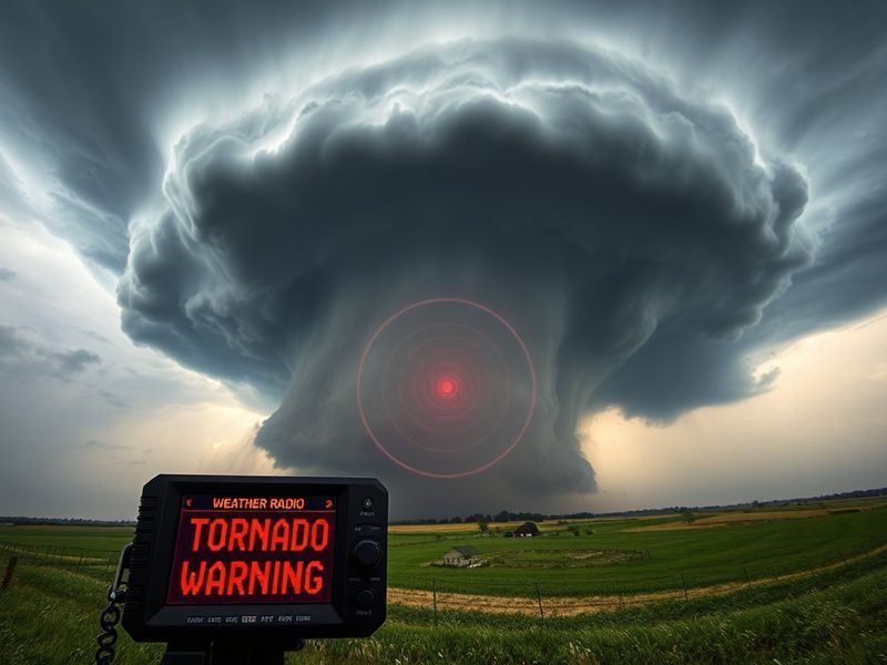 A split-image visual showing two contrasting scenes: on the left, a family calmly reviewing a weather app during a tornado wa
