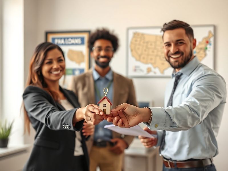 A diverse family standing in front of a modest suburban home, with a modern city skyline in the background. The scene is warm