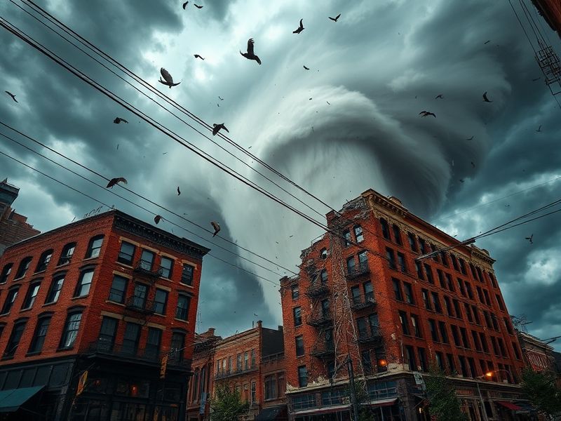Aerial view of East Nashville in the aftermath of the 2020 tornado, showing damaged homes, fallen trees, and recovery efforts