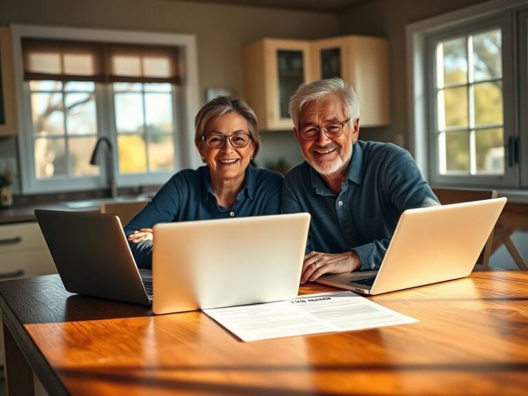 A smiling couple reviewing mortgage documents at a kitchen table, with a 'For Sale' sign visible through the window, evoking