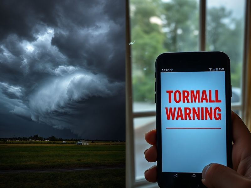 A split-screen image showing a dark, stormy sky with a tornado forming in the distance on the left, and a family taking shelt