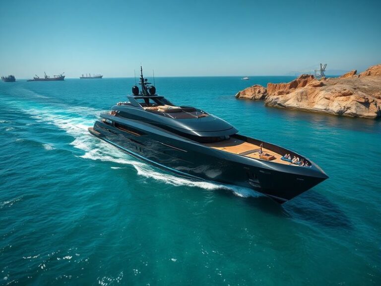A dramatic aerial view of a massive superyacht anchored near rocky coastlines, with Iranian naval vessels in the background,