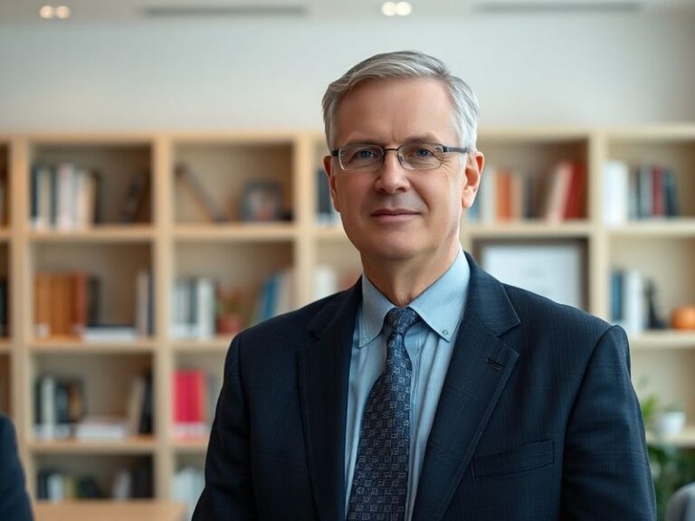 A formal portrait of Sir Philip Barton in a diplomatic setting, dressed in a suit with the Union Jack and Indian flag subtly