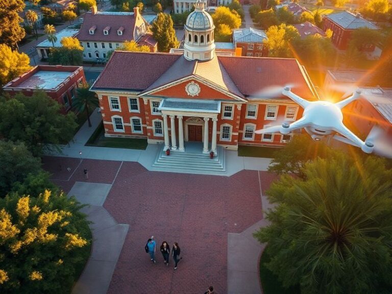 A vibrant campus scene at the University of Arizona featuring the iconic Old Main building, students walking under palm trees