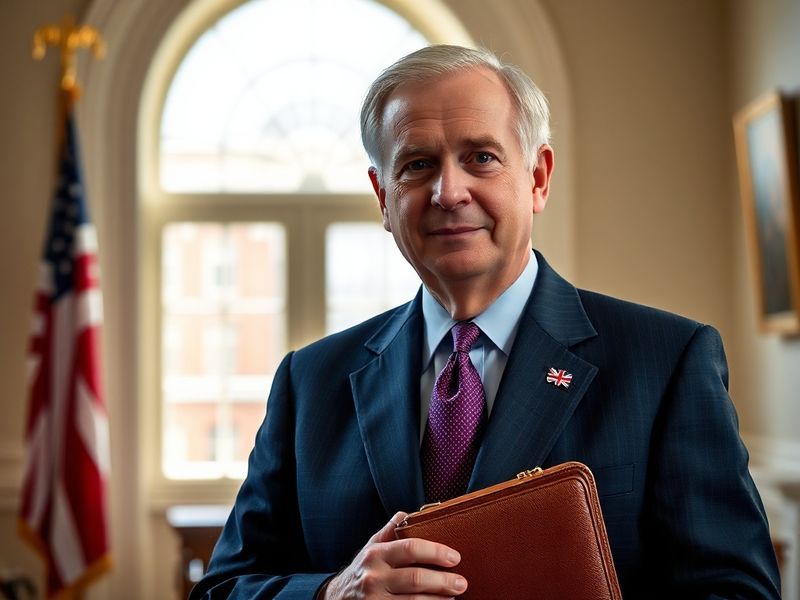 A formal portrait of Sir Philip Barton in a diplomatic setting, wearing a suit and tie, with subtle flags of the UK and Pakis