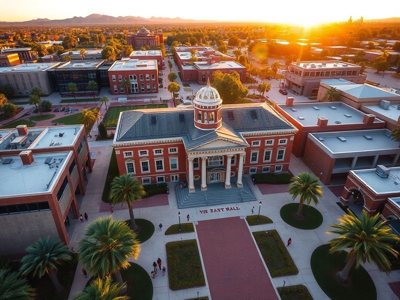 A vibrant aerial view of the University of Arizona campus in Tucson, showcasing modern and historic buildings, lush green spa