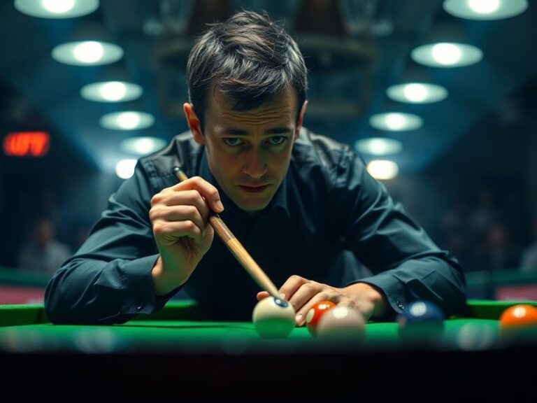 A close-up shot of Ronnie O'Sullivan mid-chalking, cue tip in sharp focus with the snooker table blurred in the background. T