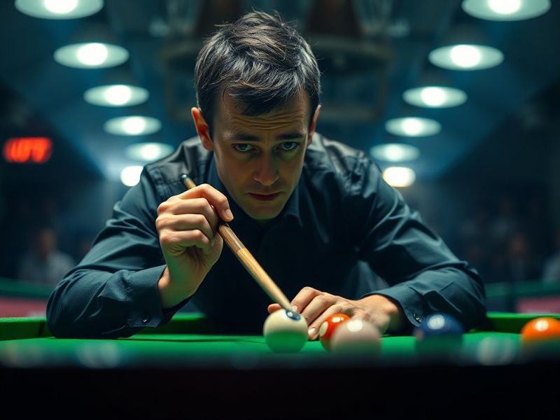 A close-up shot of Ronnie O'Sullivan mid-chalking, cue tip in sharp focus with the snooker table blurred in the background. T