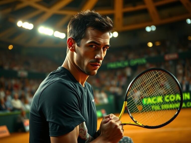 A dynamic action shot of Arthur Fils mid-match on a clay court, wearing the French team colors, with a focused expression and