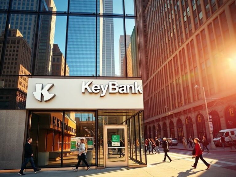 A modern KeyBank branch exterior with the distinctive red and white signage, customers entering the building, and a cityscape