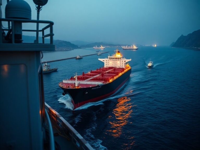 An oil tanker navigating through the narrow Strait of Hormuz, with Iranian Revolutionary Guard speedboats visible in the back