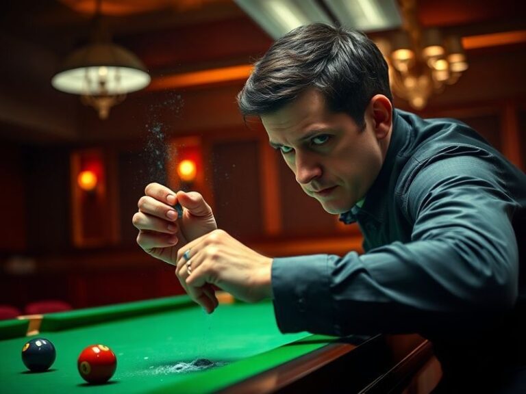 A close-up shot of Ronnie O'Sullivan mid-match, applying chalk to his cue tip with slow, deliberate circular motions. The ima
