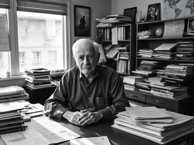 A candid black-and-white photo of Michael Glantz in his NCAR office in the 1990s, surrounded by maps and climate data charts,