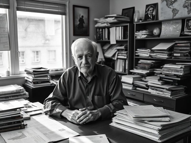 A candid black-and-white photo of Michael Glantz in his NCAR office in the 1990s, surrounded by maps and climate data charts,