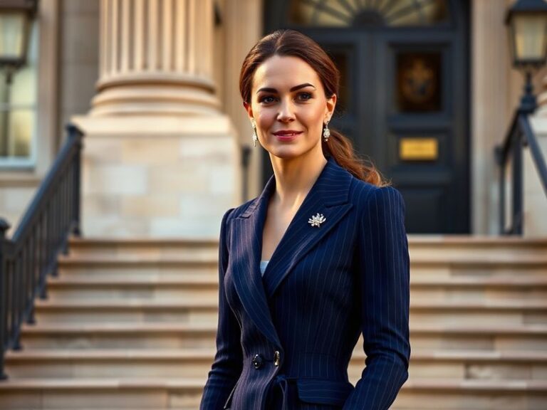 A well-lit photograph of Kate Middleton wearing a vibrant blue Alexander McQueen coat and dress, paired with minimalist acces