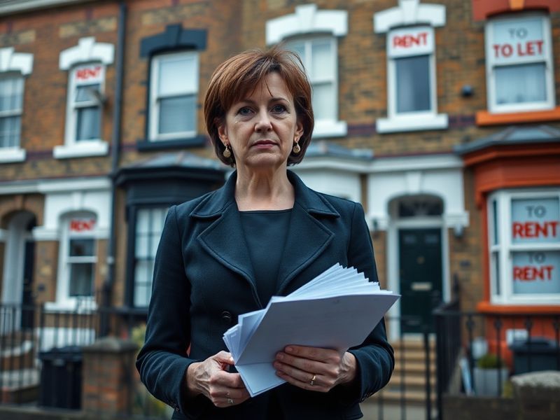 A split-image illustration: on the left, a frustrated tenant holding a rent notice with a red 'FROZEN' stamp; on the right, a