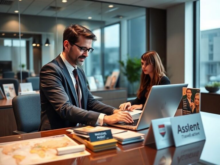 A sleek, modern office interior with CAA branding on the wall, featuring agents in business attire discussing a project on a