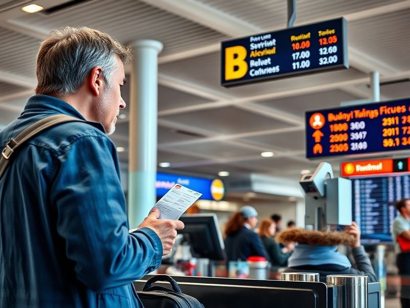 A busy airport terminal with multiple budget airline planes parked at gates. The scene shows a mix of modern and older aircra