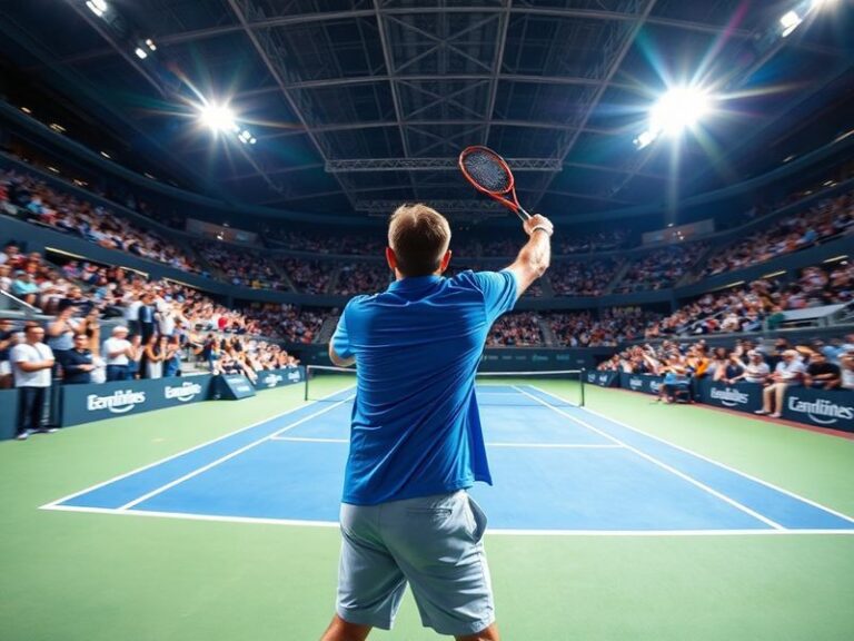 A vibrant aerial shot of the Caja Mágica during the Madrid Open, showcasing the three courts, packed stands with fans in red