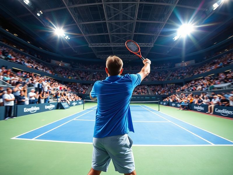 A vibrant aerial shot of the Caja Mágica during the Madrid Open, showcasing the three courts, packed stands with fans in red