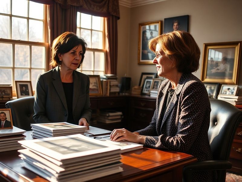 A formal portrait of Rosa DeLauro in a congressional office, wearing a blazer and speaking with an American flag in the backg