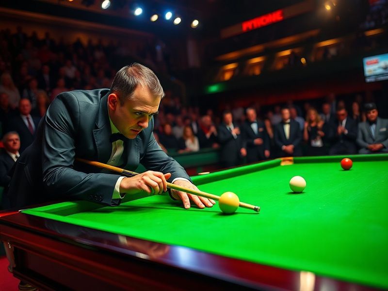 A dynamic shot of a snooker player in mid-action at the Crucible Theatre during the World Championship, with the iconic red a