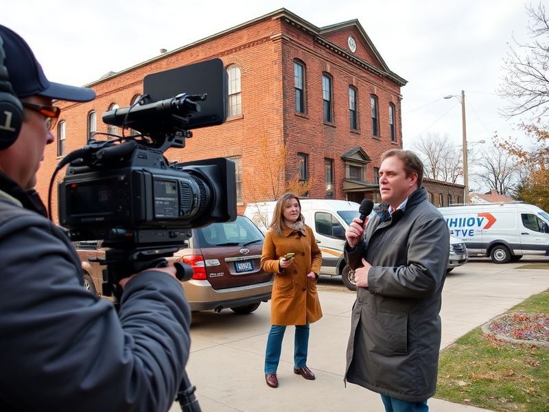 A bustling news studio at Whio-TV with multiple high-definition screens showing live broadcasts, reporters on camera, and a t