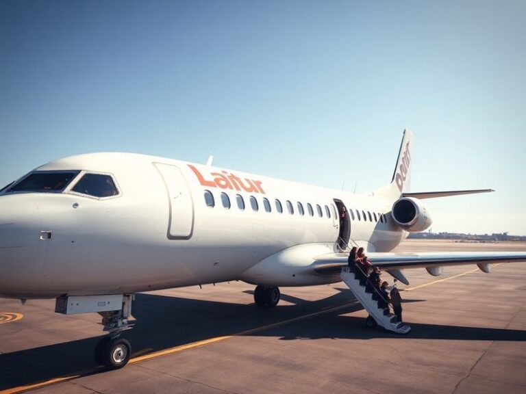 A bustling airport terminal with a low-cost carrier airplane parked at a gate, passengers boarding with minimal luggage, and