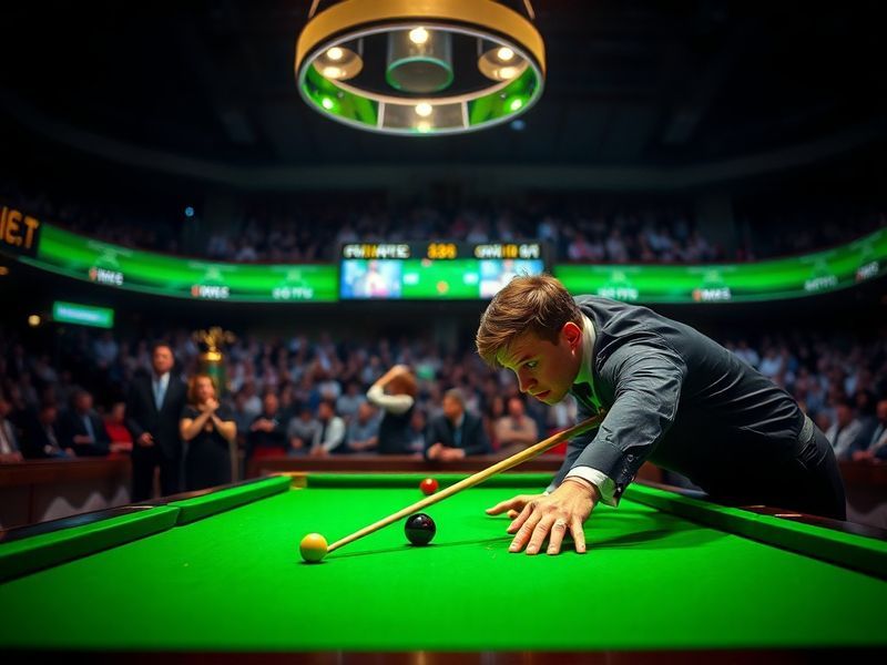 A split-screen image: left side shows a classic Crucible Theatre World Championship match with green felt and dramatic lighti