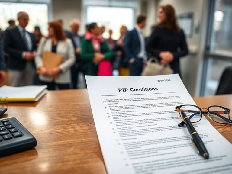 A person filling out a PIP claim form at a wooden desk, with medical documents, a pen, and a laptop. The setting is a bright,