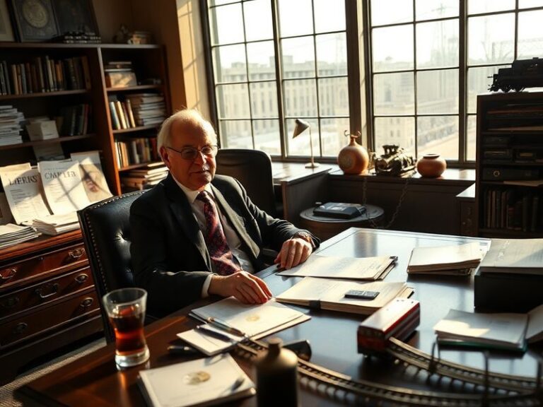 A professional portrait of Greg Abel in a Berkshire Hathaway office, with Warren Buffett visible in the background during a m