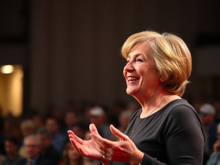 A warm, candid portrait of Brené Brown speaking at a conference, with a diverse audience in the background. The lighting is s